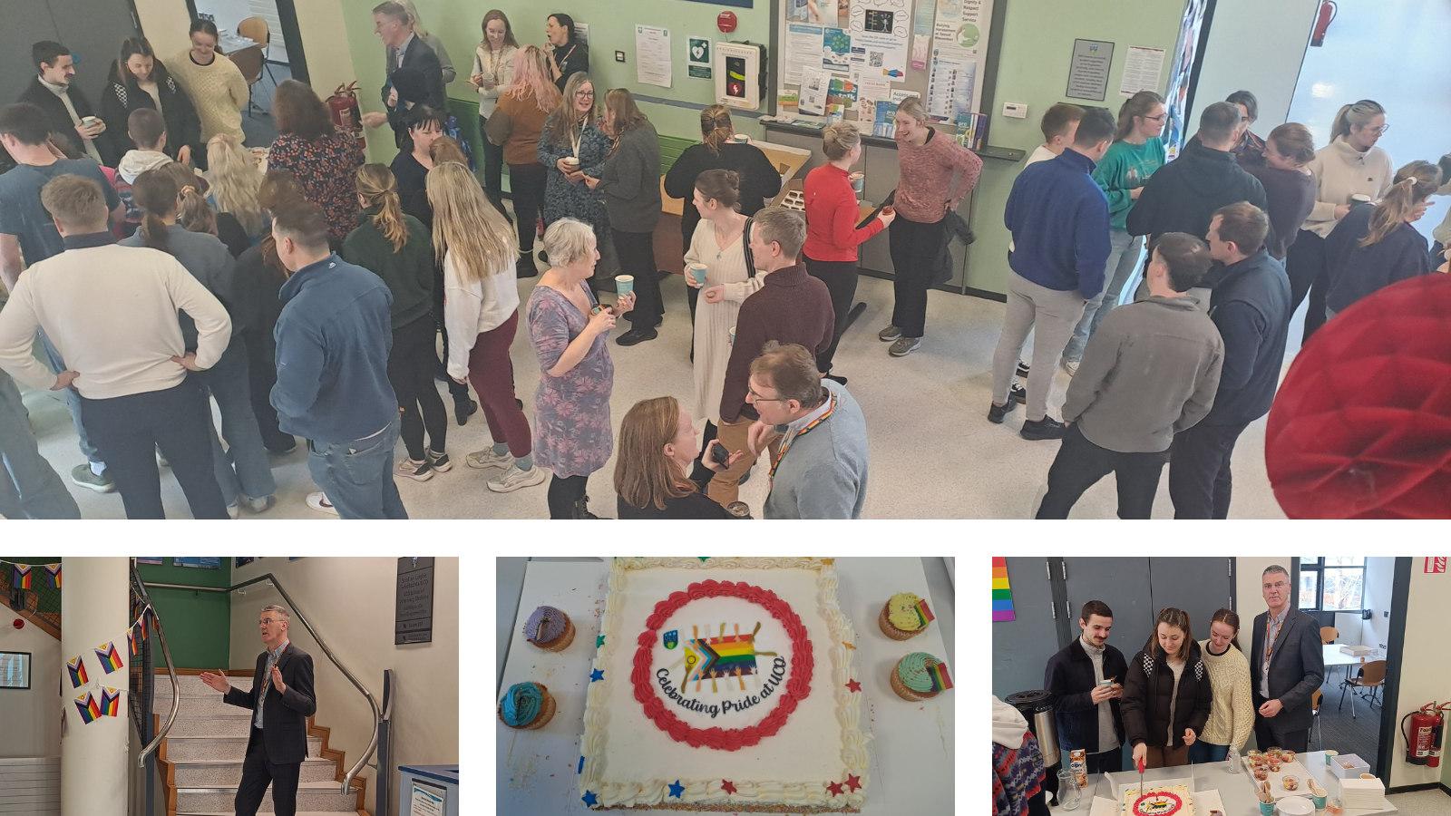 Collage of 4 photos from UCD Veterinary Medicine Pride event 2024. Group of staff and students chatting and enjoying cakes and coffee. Dean of School addressing the audience. photo of the cake and cupcakes with images of pride flag. 3 students helping to cut the cake, with the Dean standing next to them